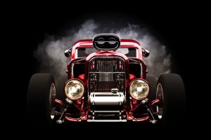 Hot rod front view with smoke burnout background